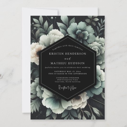 Teal Noir Florale Hochzeit Einladung (Vorderseite)