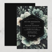 Teal Noir Florale Hochzeit Einladung (Vorne/Hinten)
