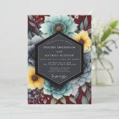 Teal & Ochre Boho-Hochzeitsblumen Einladung (Stehend Vorderseite)