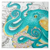 Teal Octopus Nautical Map Watercolor Fliese (Vorderseite)
