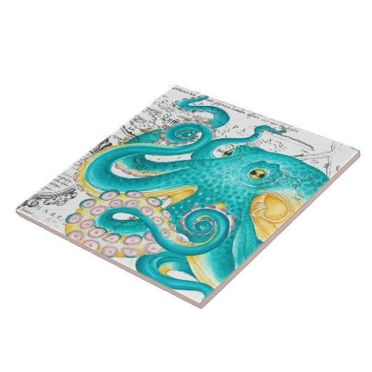 Teal Octopus Nautical Map Watercolor Fliese (Seite)