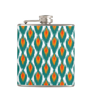 Teal Orange Abstrakter Stammes-Ikat-Diamantmuster Flachmann