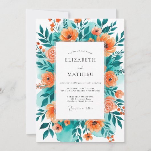 Teal Orange Blissful Summer Wedding Einladung (Vorderseite)