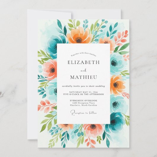 Teal Orange Bloom Hochzeit Einladung (Vorderseite)