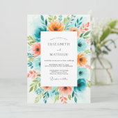 Teal Orange Bloom Hochzeit Einladung (Stehend Vorderseite)