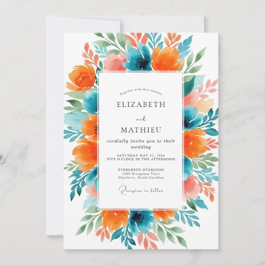 Teal Orange Vivacious Summer Wedding Einladung (Vorderseite)