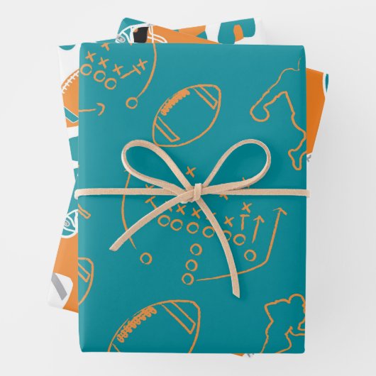 Teal, Orange & White Football Patterns Geschenkpapier Set (Beispiel)