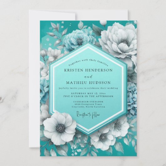 Teal Painterly Anemone Wedding Einladung (Vorderseite)