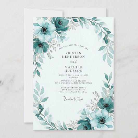 Teal Painterly Winter Wedding Einladung (Vorderseite)