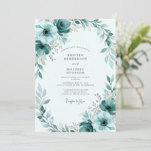 Teal Painterly Winter Wedding Einladung (Stehend Vorderseite)