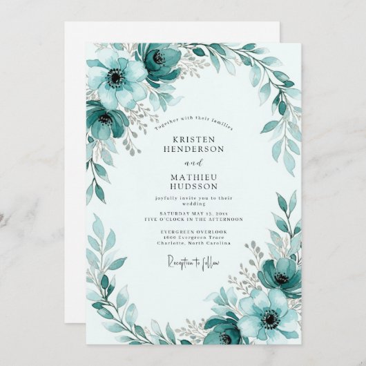 Teal Painterly Winter Wedding Einladung (Vorne/Hinten)