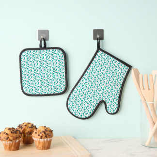 Teal Paisley Blumenmuster • Modern Boho Ofenhandschuh & Topflappen-Set