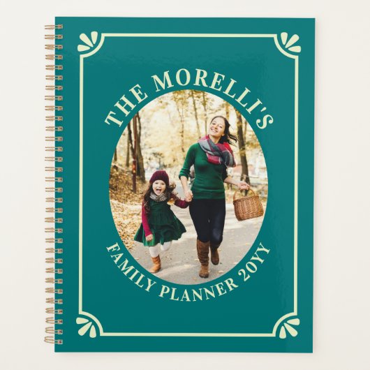 Teal & Pale Yellow Oval Photo Family Planer (Vorderseite)