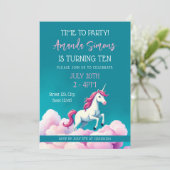 Teal Pastel Clouds Unicorn Girl 10th Birthday Einladung (Stehend Vorderseite)