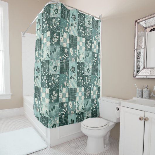 Teal-Patchwork-Quilt im rustikalen Blumenmuster Re Duschvorhang (Beispiel)
