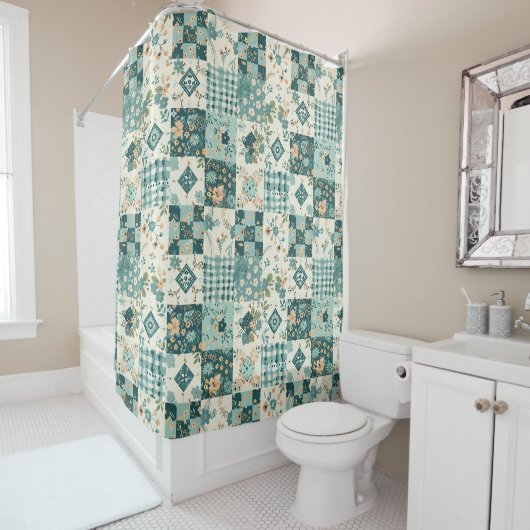 Teal Patchwork-Quilt Rustikale Blumen Retro Duschvorhang (Beispiel)