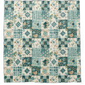Teal Patchwork-Quilt Rustikale Blumen Retro Duschvorhang (Vorderseite)