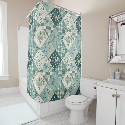 Teal Patchwork-Quilt Rustikale Blumen Retro  Duschvorhang (Beispiel)