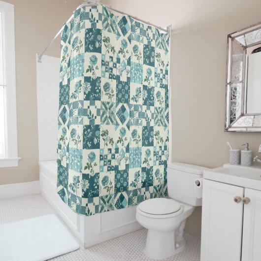 Teal Patchwork-Quilt Rustikale Blumen Retro Duschvorhang (Beispiel)