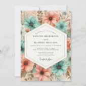 Teal Peach Floral Ethereal Wedding Einladung (Vorderseite)