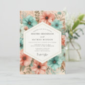 Teal Peach Floral Ethereal Wedding Einladung (Stehend Vorderseite)