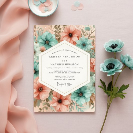 Teal Peach Floral Ethereal Wedding Einladung