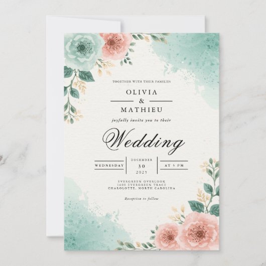 Teal Peach Floral Watercolor Wedding Einladung (Vorderseite)