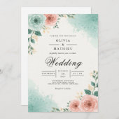 Teal Peach Floral Watercolor Wedding Einladung (Vorne/Hinten)