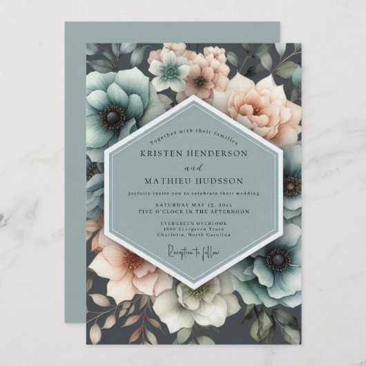 Teal & Peach Painterly Bloom Wedding Einladung (Vorne/Hinten)