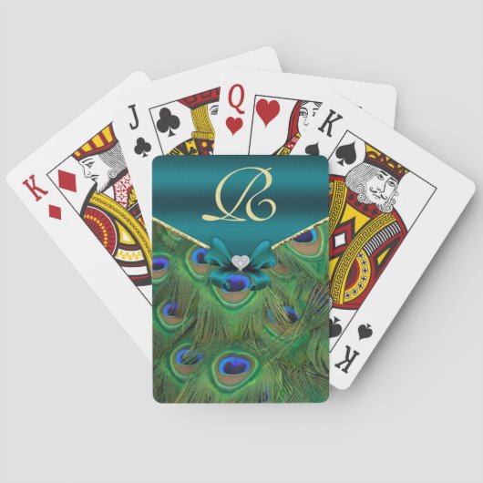 Teal Peacock Monogram Playing Cards Spielkarten (Rückseite)