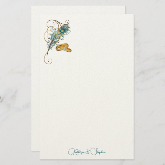 Teal Peacock Wedding with Gold Wedding Bands Briefpapier (Vorne/Hinten)