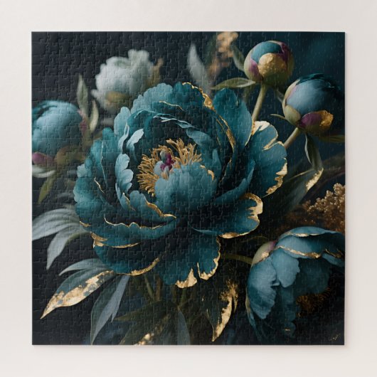 Teal Peony Gold Luxe Botanical Bloom Puzzle (Vertikal)