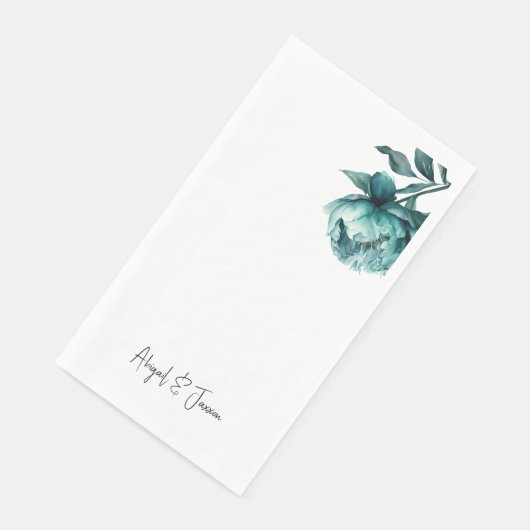 Teal Peony Personalized Names Wedding Serviette (Ecke)