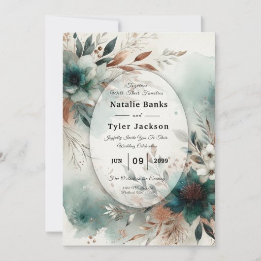 Teal Petals in Bronze Bloom Hochzeit Einladung (Vorderseite)