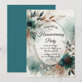 Teal Petals in Bronze Bloom Housewarming Party Einladung (Vorne/Hinten)