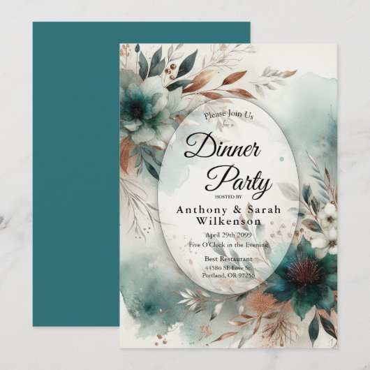 Teal Petals in Bronze Bloom Restaurant Dinner Einladung (Vorne/Hinten)