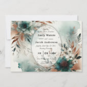 Teal Petals in Bronze Bloom Wedding Einladung (Vorderseite)