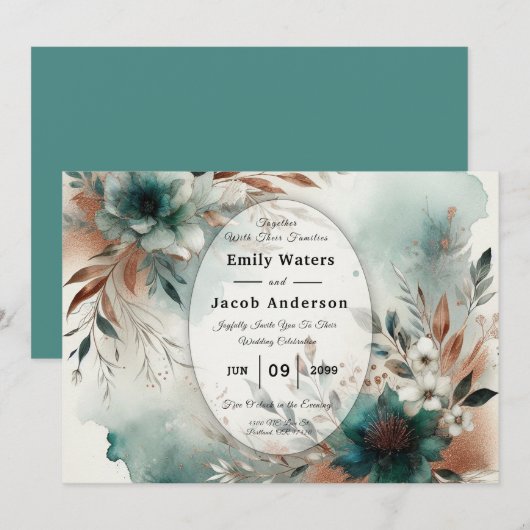 Teal Petals in Bronze Bloom Wedding Einladung (Vorne/Hinten)
