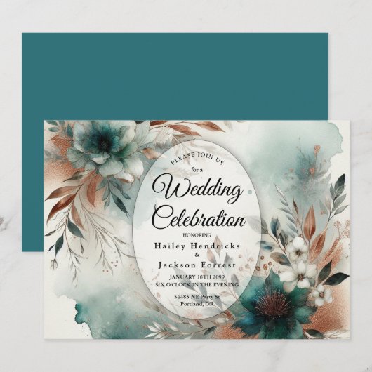 Teal Petals in Bronze Bloom Wedding Einladung (Vorne/Hinten)