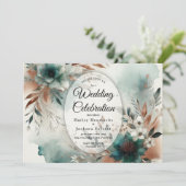 Teal Petals in Bronze Bloom Wedding Einladung (Stehend Vorderseite)