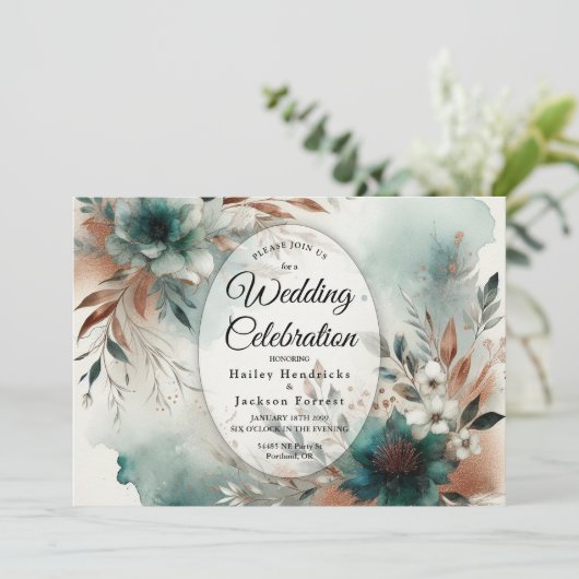 Teal Petals in Bronze Bloom Wedding Einladung (Stehend Vorderseite)