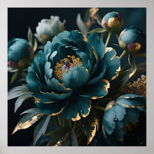 Teal-Pfingstrose Gold Luxus Botanische Blüte Poster