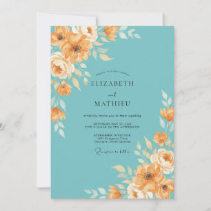 Teal-Pfirsich-Blumen-Hochzeit Einladung