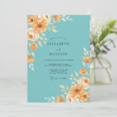 Teal-Pfirsich-Blumen-Hochzeit Einladung (Stehend Vorderseite)