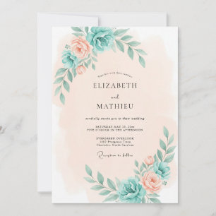 Teal-Pfirsich-Botanik-Romantik-Hochzeit Einladung