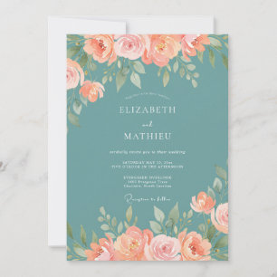 Teal Pfirsichblüten-Launen Hochzeit Einladung