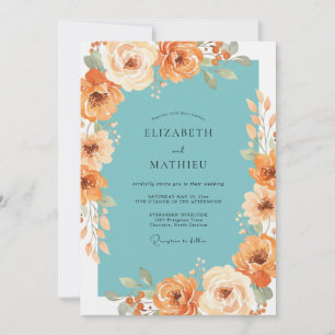 Teal Pfirsichfarbene Blumige Hochzeit Einladung
