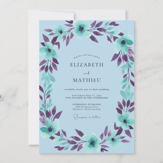 Teal-Pflaume-Blatt-Hochzeit Einladung (Vorderseite)
