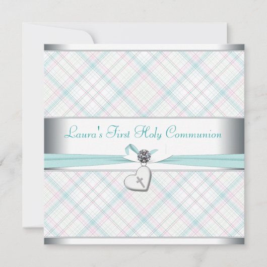 Teal Pink Heart Pink Cross First Communion Einladung (Vorderseite)