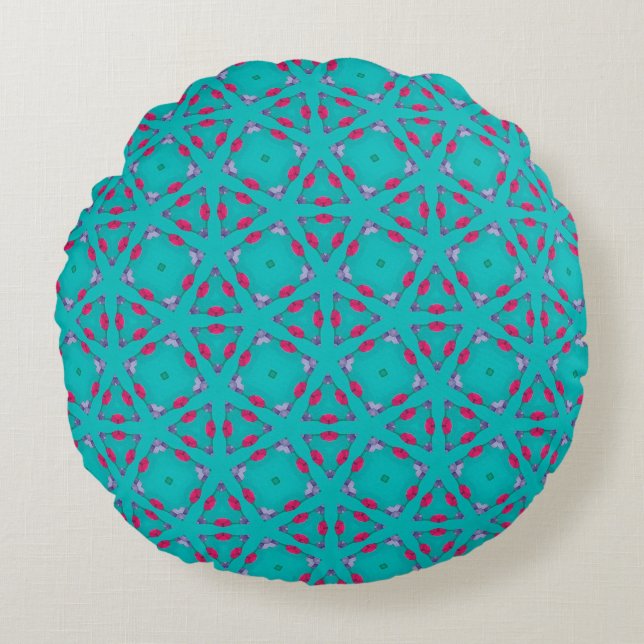 Teal Pink Retro Geometry Round Pillow Rundes Kissen (Vorderseite)